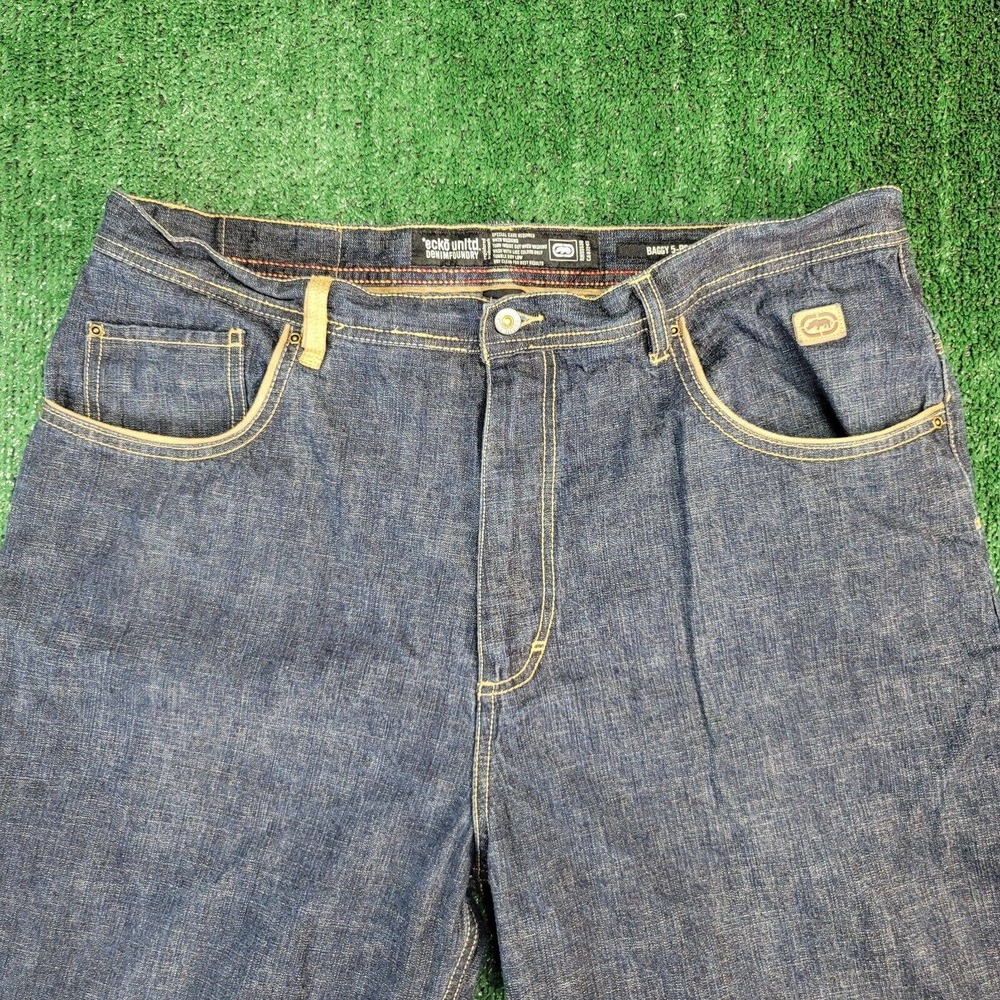 Ecko Unltd. Mens Classic Straight Jeans Blue 5 Pocket Baggy Fit Stitching 40x32 - Picture 6 of 10